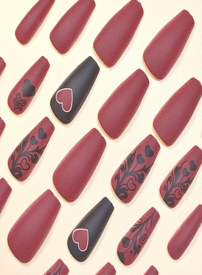 Vopintpy Black Red Flower Love Heart Press on Nails Romantic Valentines Fake Nails Matte Long Ballerina Nail Valentines Reusable Acrylic Nail for Women DIY Manicure - Image 2